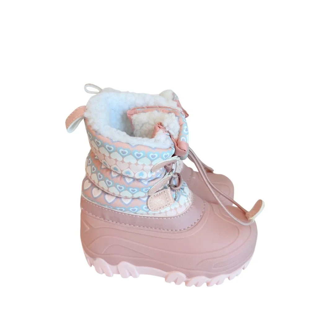 Member's Mark Snow Boots Kids 9/10 Pink Heart Pattern Faux Fur Insulated Bungee